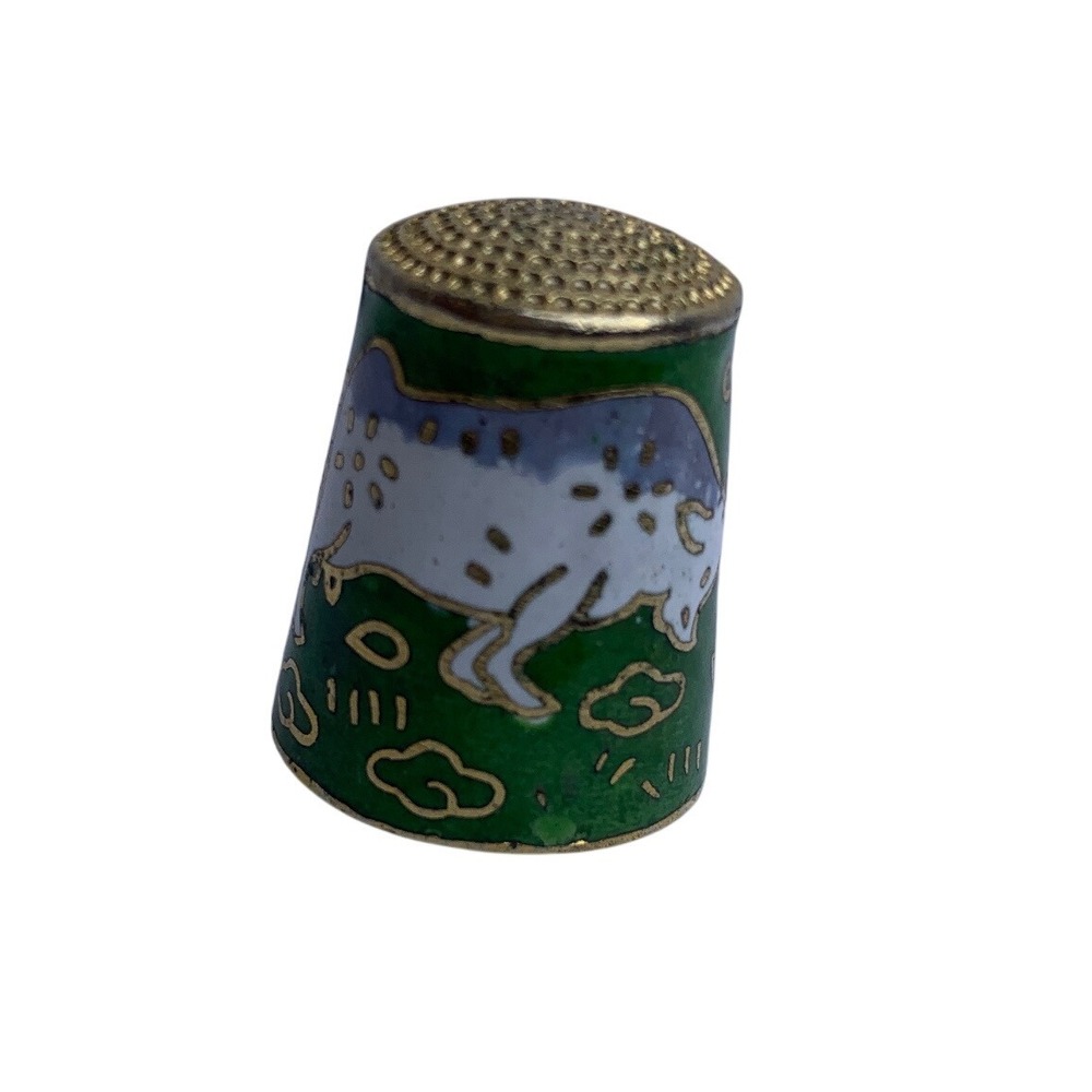 Vintage Cloisonne Enamel Thimble Green Cow Ox Animal Collectible Sewing Retro